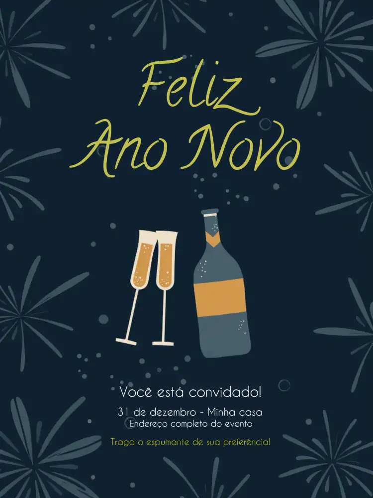 Convite Para Festa De Ano Novo Fogos – tema Datas Comemorativas azul, dourado, branco, festivo, moderno, vibrante
