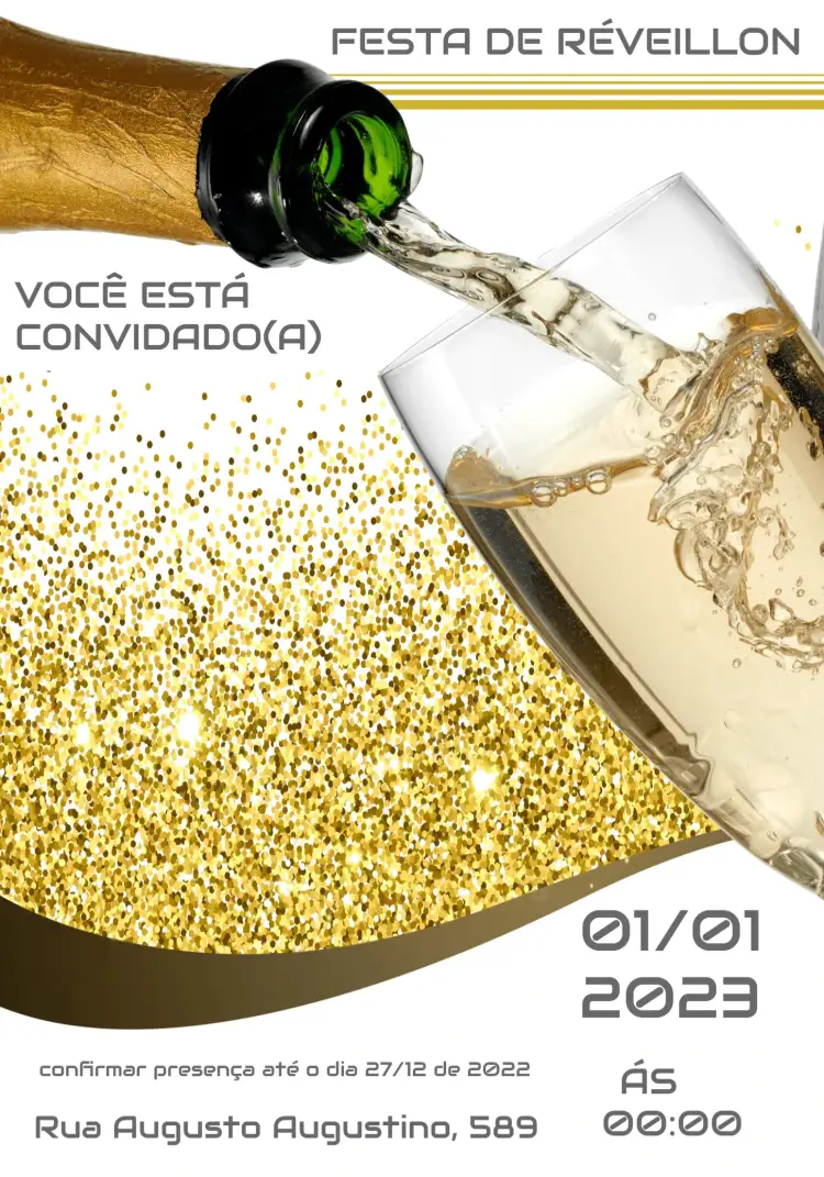 Convite Para Festa De Ano Novo Liquido – tema Datas Comemorativas dourado, branco, marrom, moderno, festivo, elegante