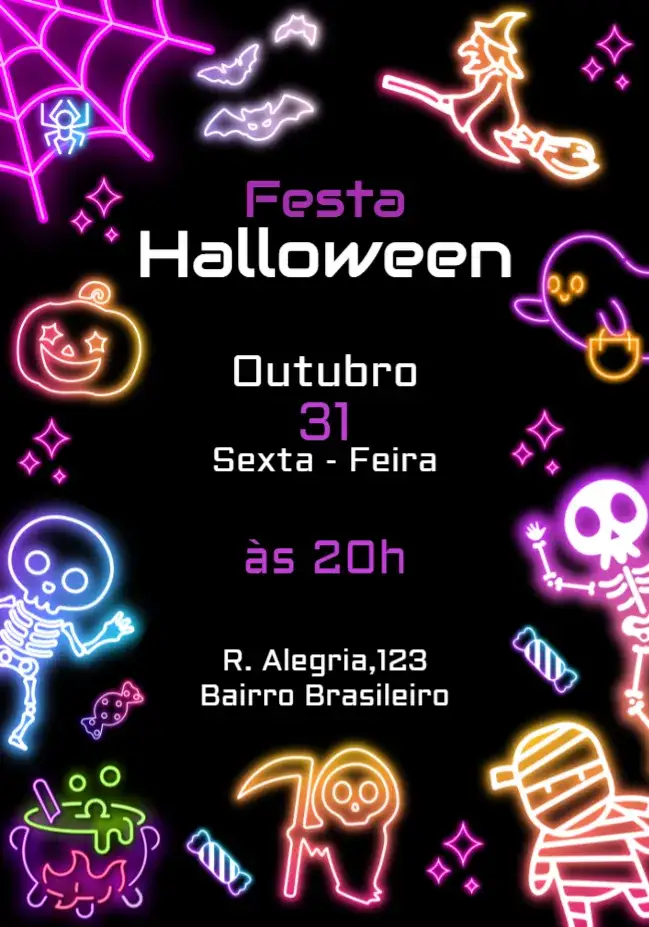 Convite Para Festa Halloween – tema Datas Comemorativas neon, moderno, divertido, misterioso, colorido, temático