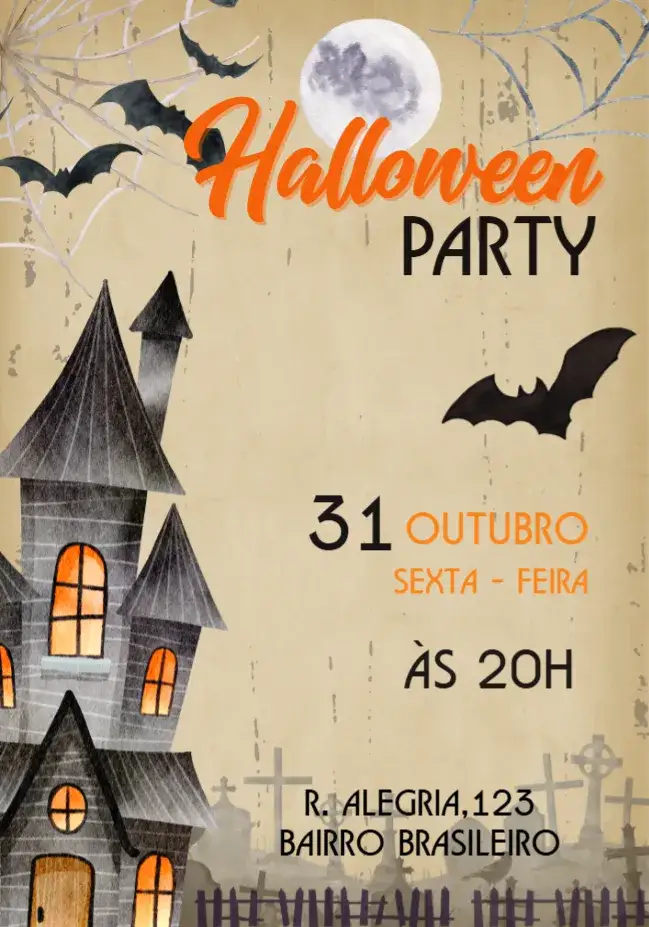 Convite Para Festa Halloween Bruxas – tema Datas Comemorativas sombras e luzes, cores escuras, elementos góticos, ilustrações de bruxas, morcegos e abóboras, estilo vintage