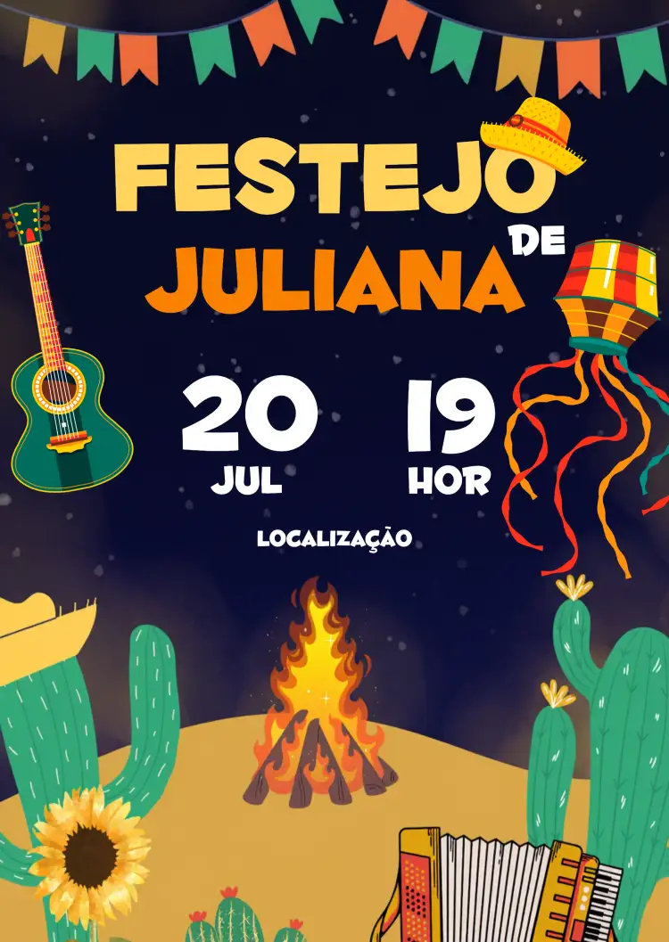 Convite Para Festa Junina Arraiá João – tema Datas Comemorativas vibrante, rústico, colorido, tradicional, festivo, brasileiro