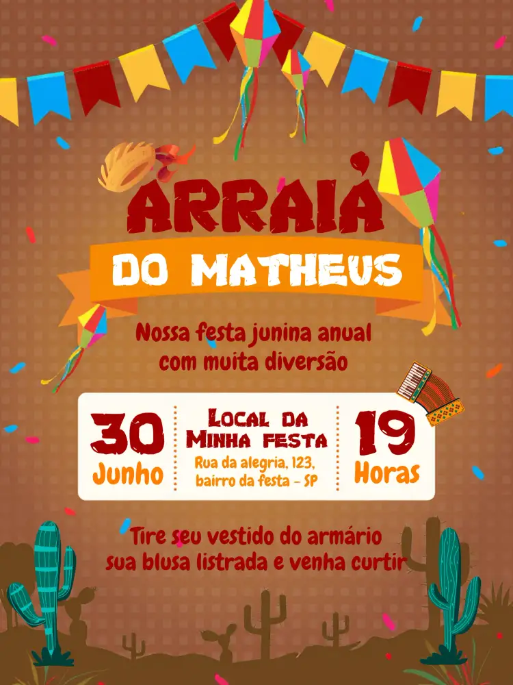 Convite Para Festa Junina Arraiá São – tema Datas Comemorativas colorido, rústico, vintage, temático, festivo, tradicional