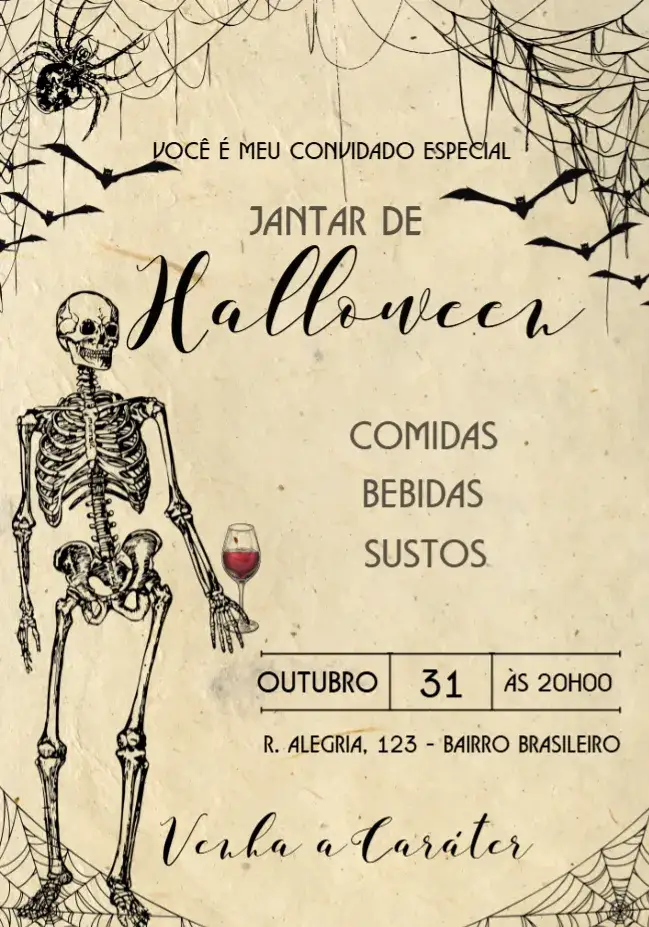 Convite Para Jantar Halloween Skull Vintage Das – tema Datas Comemorativas vintage, sombrio, elegante, místico, escuro, temático