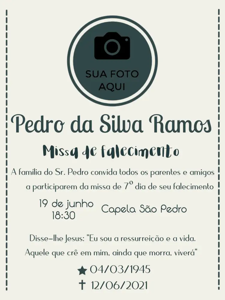 Convite Para Missa De Falecimento Com Foto Finados – tema Datas Comemorativas sóbrio, elegante, minimalista, cinza e preto, clássico