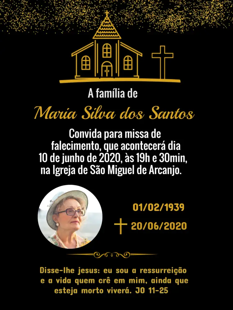 Convite Para Missa De Falecimento Com Foto Luto – tema Mais pesquisados minimalista, dourado, elegante, moderno, sutil, confortante