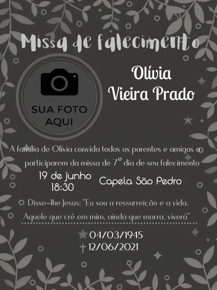 Convite Para Missa De Falecimento Com Foto Nota – tema Datas Comemorativas minimalista, elegante, sóbrios, clássico, contemporâneo, reflexivo