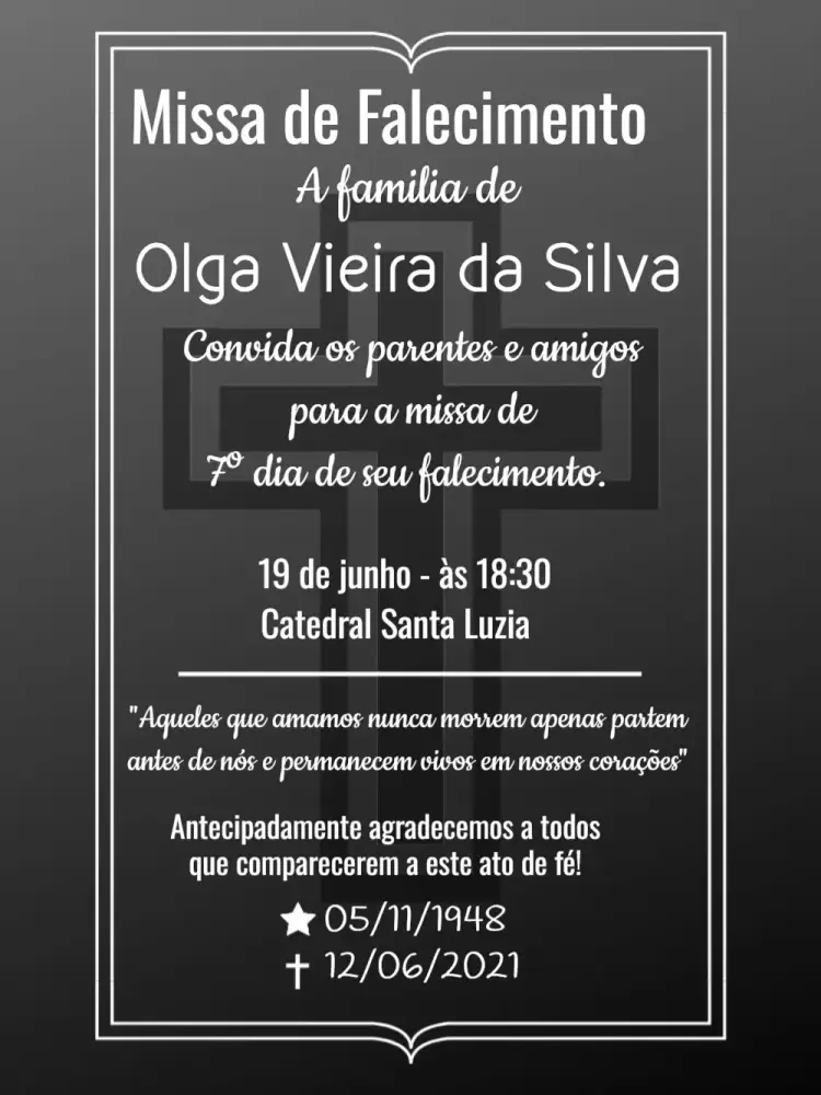 Convite Para Missa De Falecimento Preto – tema Datas Comemorativas minimalista, elegante, sério, moderno, clássico, sombrio