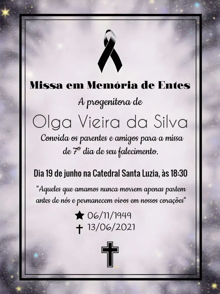 Convite Para Missa De Falecimento Recado – tema Datas Comemorativas cinza, preto, minimalista, sóbrio, elegante