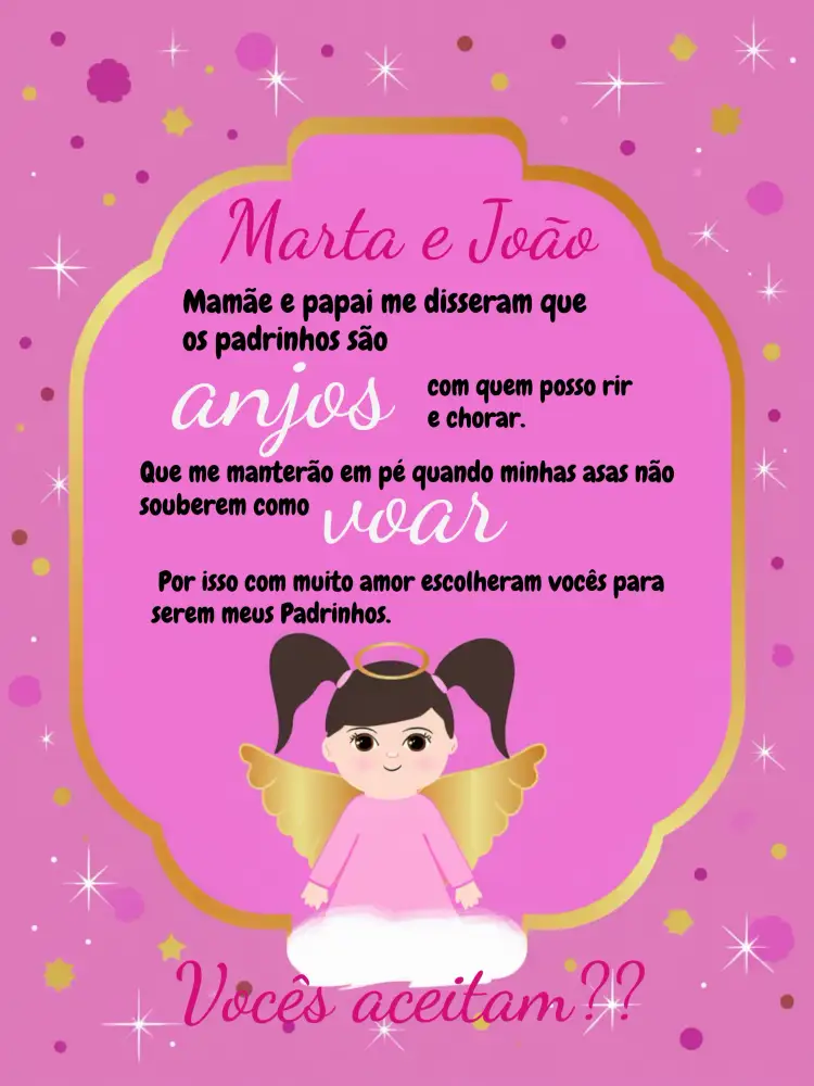 Convite Para Padrinhos Anjinha Branco – tema Batizado delicado, anjinha, nuvens, rosa e dourado, moderno, infantil