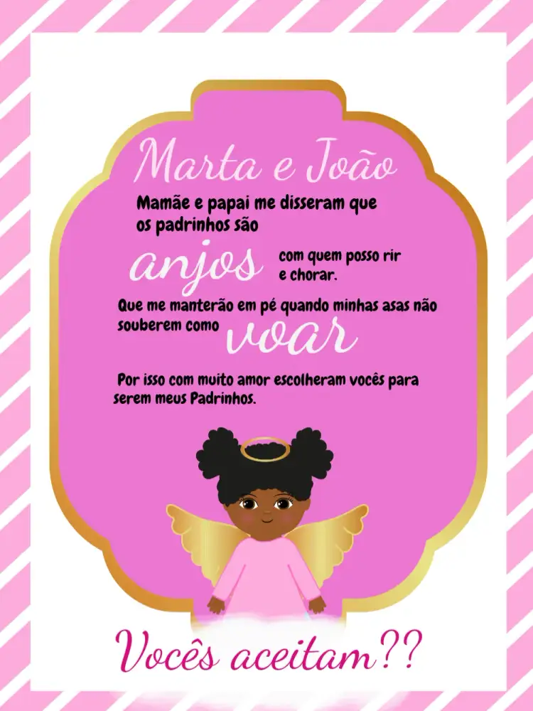 Convite Para Padrinhos Anjinha Negra Dourado – tema Batizado dourado, rosa, branco, anjinhos, nuvens, elegante