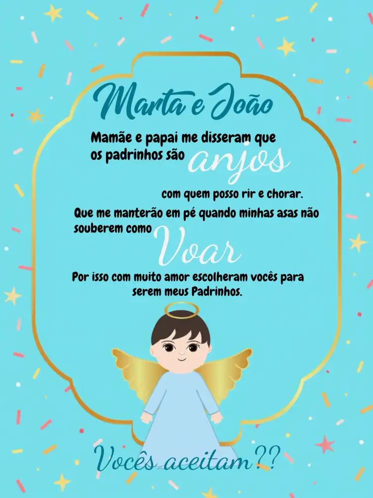 Convite Para Padrinhos Anjinho Azul – tema Batizado azul, branco, dourado, moderno, delicado, infantil
