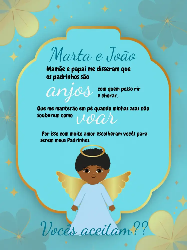 Convite Para Padrinhos Anjinho Negro Batizado – tema Batizado azul, branco, dourado, preto, moderno, infantil
