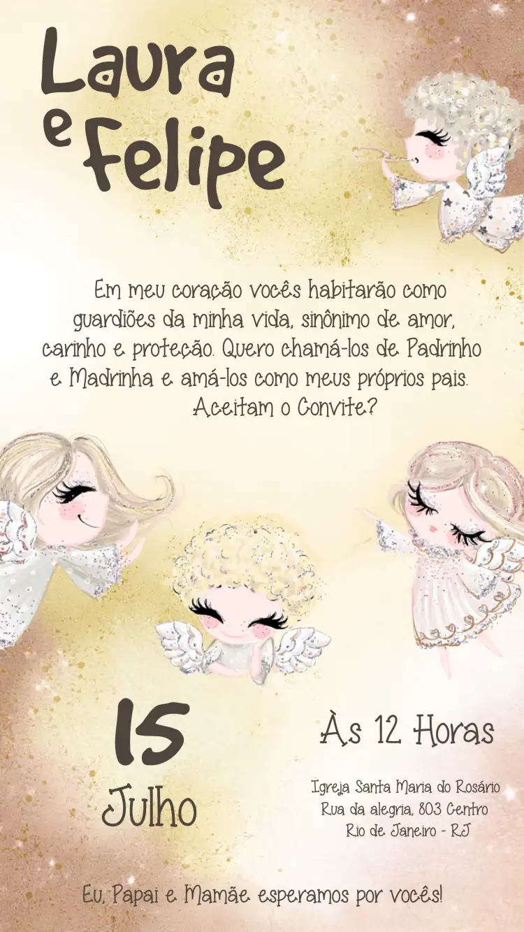 Convite Para Padrinhos Anjinhos Glitter – tema Batizado delicado, infantil, glitter, anjos, pastel, sonhador