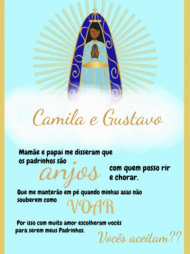 Convite Para Padrinhos Nossa Senhora Aparecida Batizado – tema Batizado azul, branco, dourado, católico, nuvens, moderno