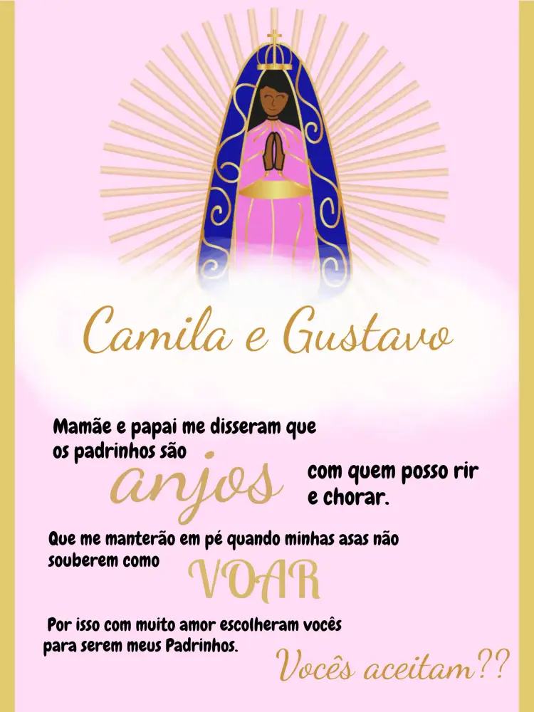 Convite Para Padrinhos Nossa Senhora Aparecida Católico – tema Batizado rosa, branco, dourado, preto, minimalista, religioso