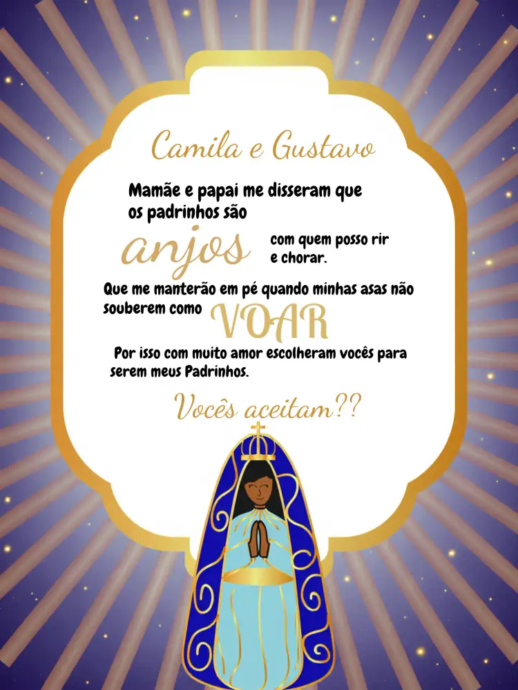 Convite Para Padrinhos Nossa Senhora Aparecida Nuvens – tema Batizado azul e branco, dourado, nuvens, católico, moderno, delicado