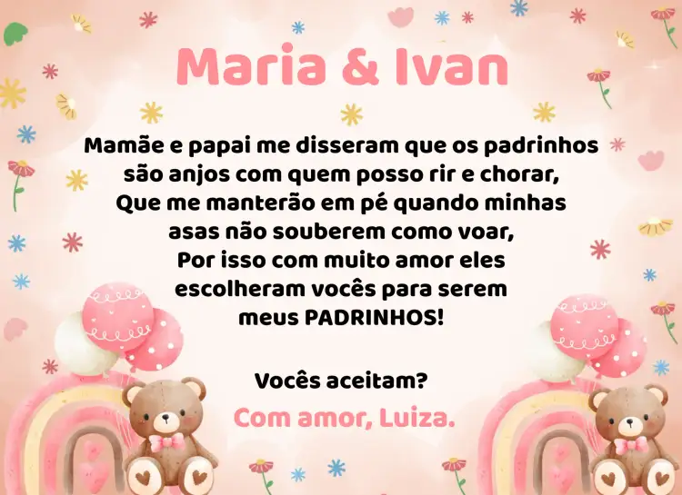 Convite Para Padrinhos Ursinha Aquarela Batizado – tema Batizado delicado, aquarela, rosa, infantil, fofo