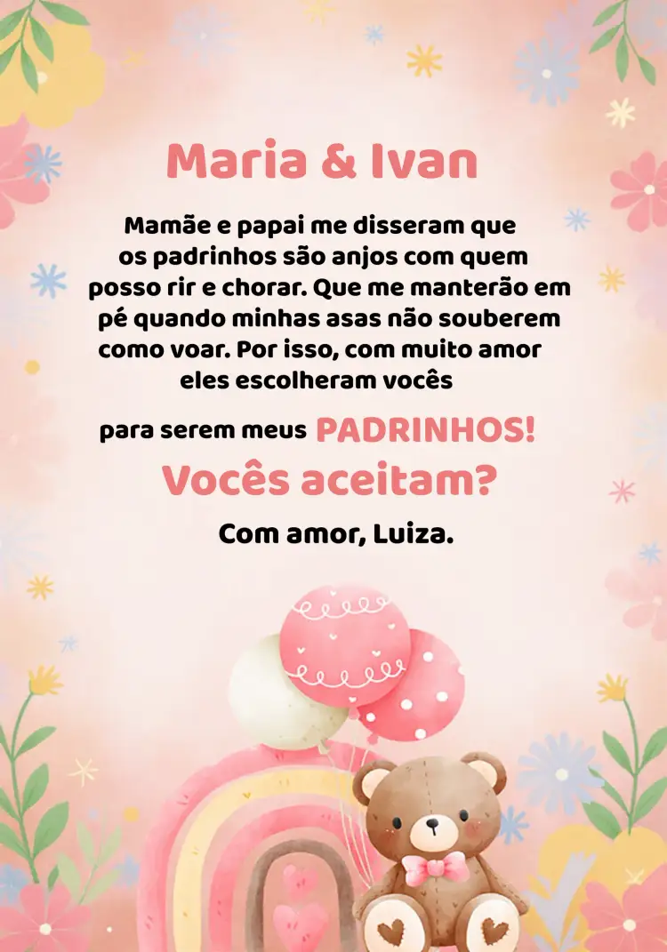 Convite Para Padrinhos Ursinha Bebê – tema Batizado delicado, aquarela, rosa, infantil, fofo