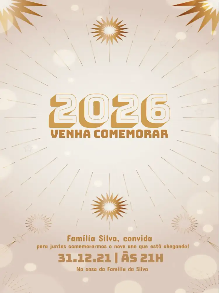 Convite Para Reveillon 2022 Glitter – tema Datas Comemorativas dourado, branco, brilho, estrelas, glitter, festivo