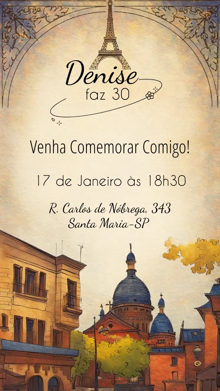 Convite Paris Adulto – tema Aniversário minimalista, moderno, preto e branco, elegante, parisiense