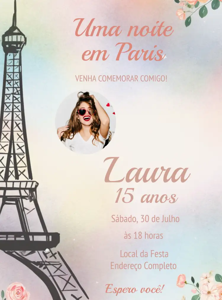 Convite Paris Floral Com Foto Festa – tema Aniversário floral, elegante, moderno, parisiense, colorido, romântico