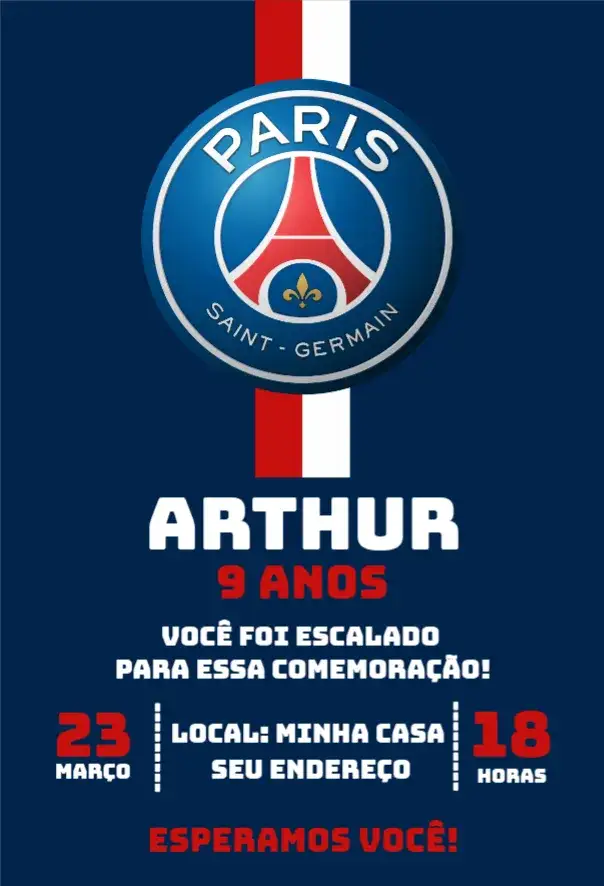Convite Paris Saint Germain 2 – tema Aniversário futebol, moderno, vibrante, esportivo, temático, colorido