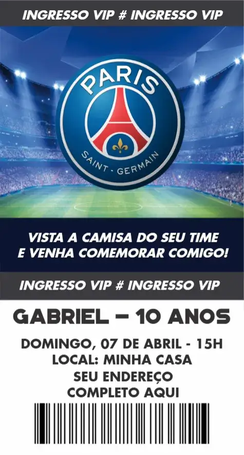 Convite Paris Saint Germain ingresso – tema Aniversário moderno, esportivo, vibrante, futebol, elegante