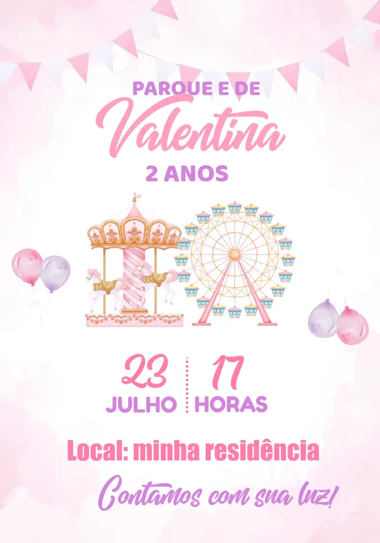 Convite Parque De Diversões Aquarela Lilás – tema Mais pesquisados aquarela, divertido, colorido, infantil, festivo, lúdico