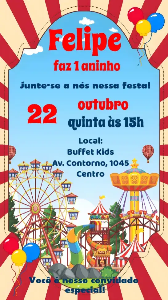 Convite Parque de Diverssão – tema Aniversário Infantil colorido, divertido, temático, brincalhão, infantil