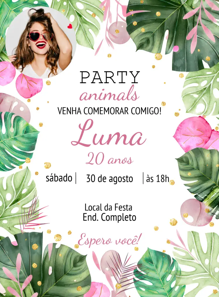 Convite Party Tropical Com Foto Glamour – tema Aniversário tropical, glamouroso, animais, colorido, moderno, exótico