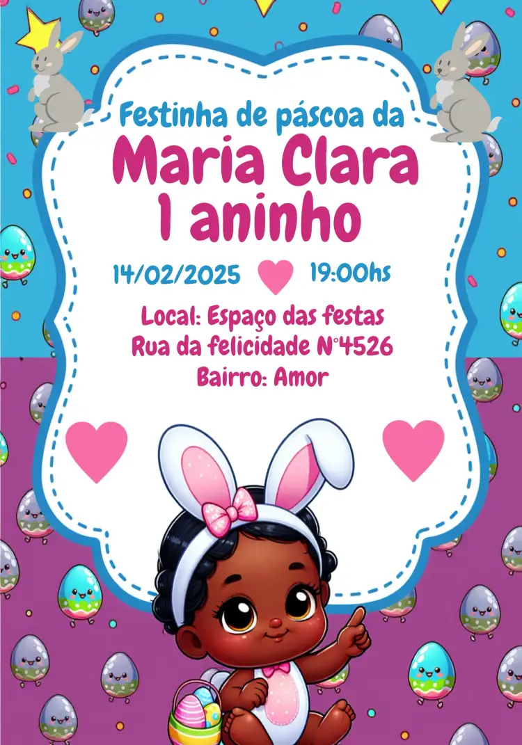 Convite Páscoa Bebê Coelhinho – tema Datas Comemorativas rosa, infantil, divertido, colorido, fofo, páscoa