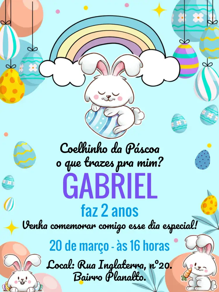 Convite Páscoa Caça – tema Datas Comemorativas colorido, divertido, infantil, páscoa, ilustrações de coelhos, elementos festivos
