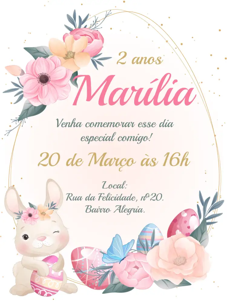 Convite Páscoa Caca – tema Datas Comemorativas floral, moderno, infantil, colorido, divertido