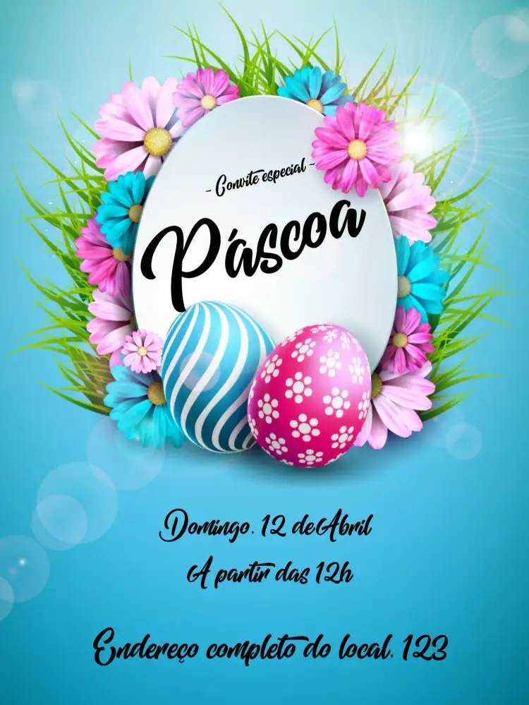 Convite Páscoa Celebração – tema Datas Comemorativas marrom e branco, gráfico de coelho, ovos coloridos, estilo minimalista, elementos de chocolate, design festivo