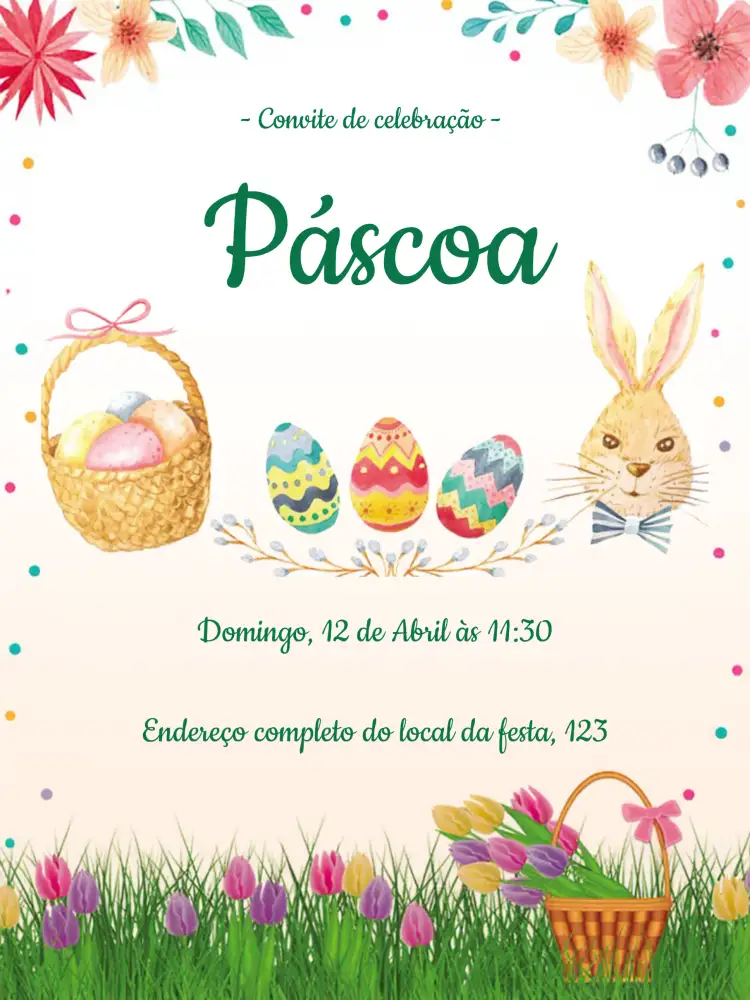 Convite Páscoa Chocolate – tema Datas Comemorativas marrom e branco, coelhos, ovos decorados, festivo, chocolate, alegre