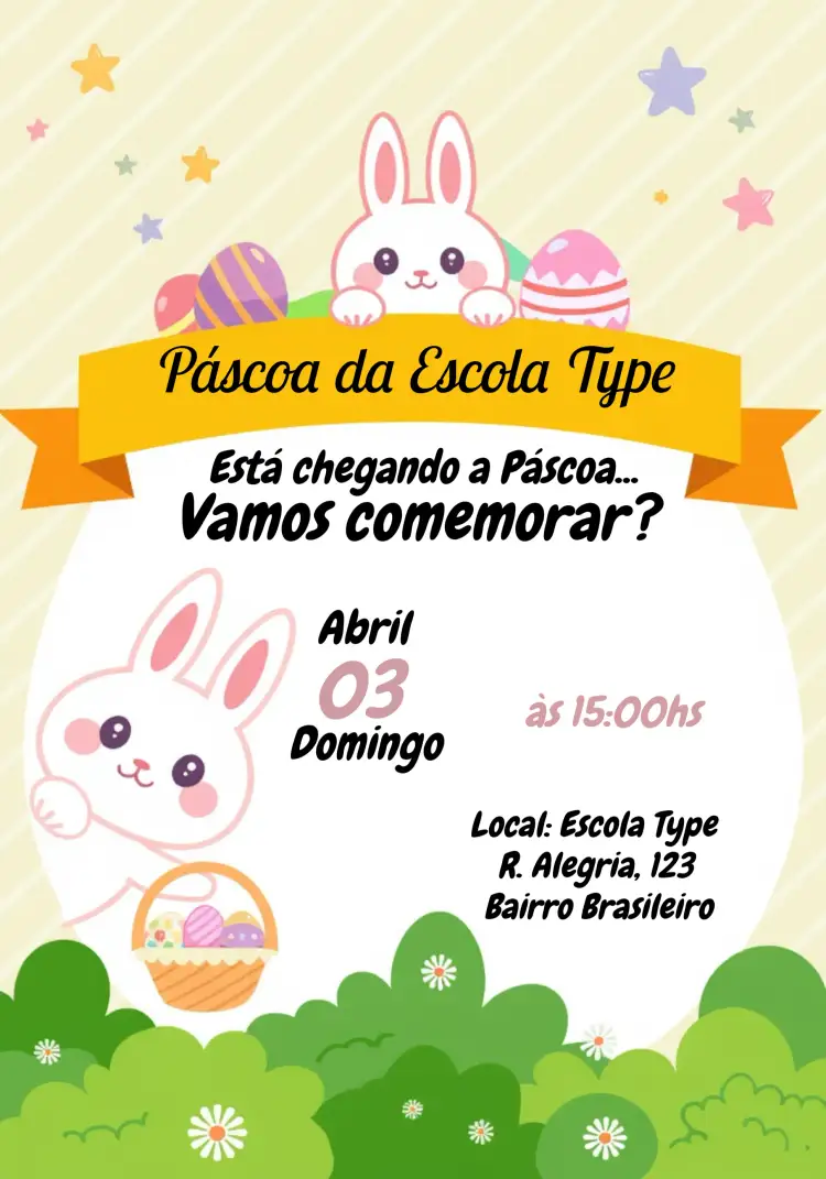 Convite Páscoa Coelho – tema Datas Comemorativas colorido, divertido, infantil, alegre, páscoa