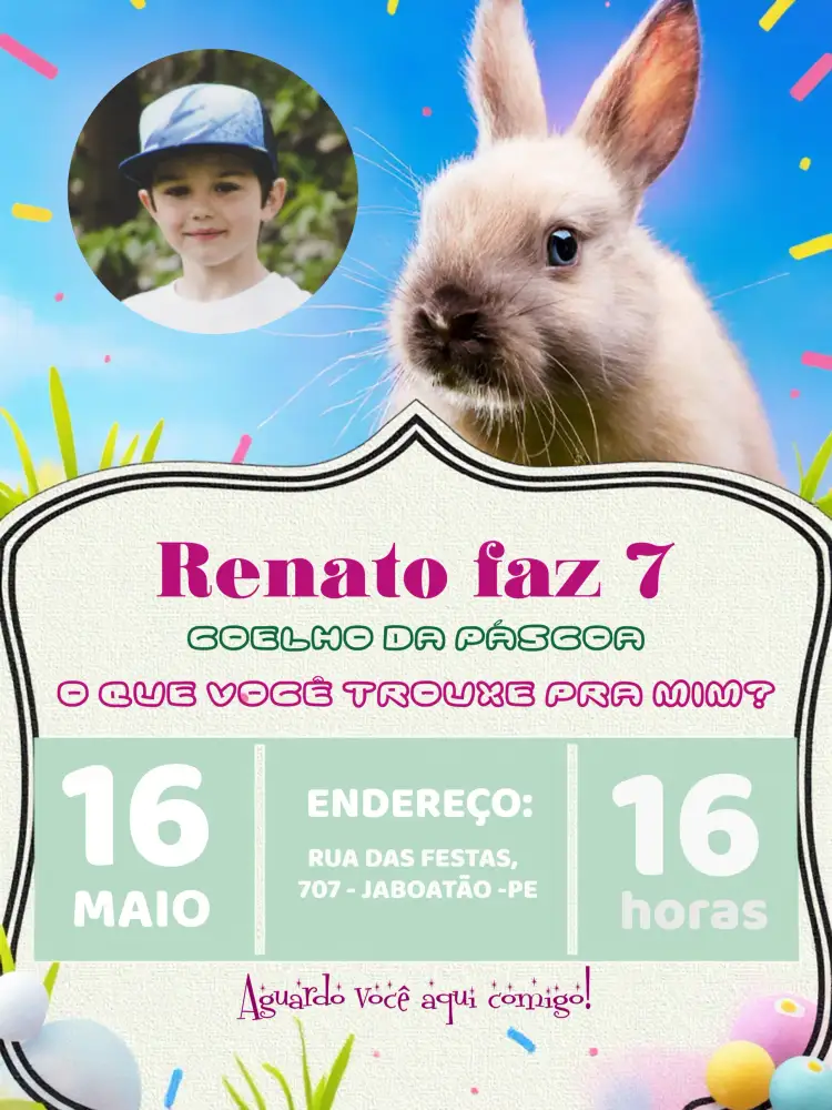 Convite Páscoa Com Foto – tema Datas Comemorativas colorido, divertido, alegre, renovação, familiar