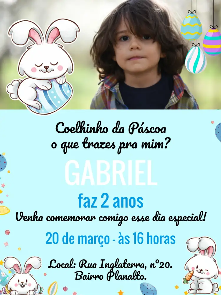 Convite Páscoa Com Foto Coelhinho – tema Datas Comemorativas colorido, divertido, infantil, temático, páscoa, alegre