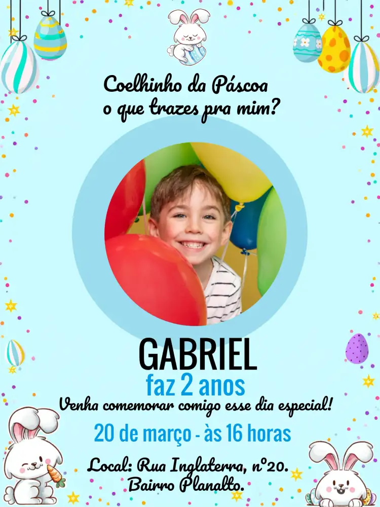 Convite Páscoa Com Foto Coelhinho – tema Datas Comemorativas colorido, infantil, divertido, temático, alegre