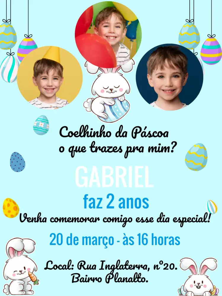 Convite Páscoa Com Foto Colorido – tema Datas Comemorativas colorido, divertido, infantil, páscoa, animais, natureza