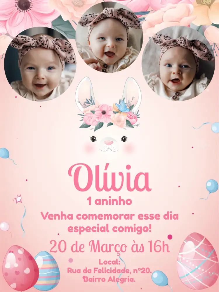 Convite Páscoa Com Foto Menina – tema Datas Comemorativas tons pastel, infantil, lúdico, colorido, moderno