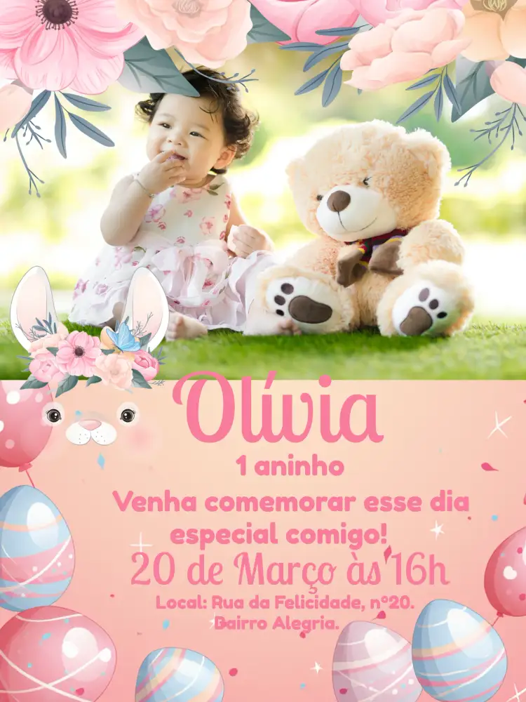 Convite Páscoa Com Foto Pascoa – tema Datas Comemorativas rosa, cinza, branco, lúdico, colorido, divertido