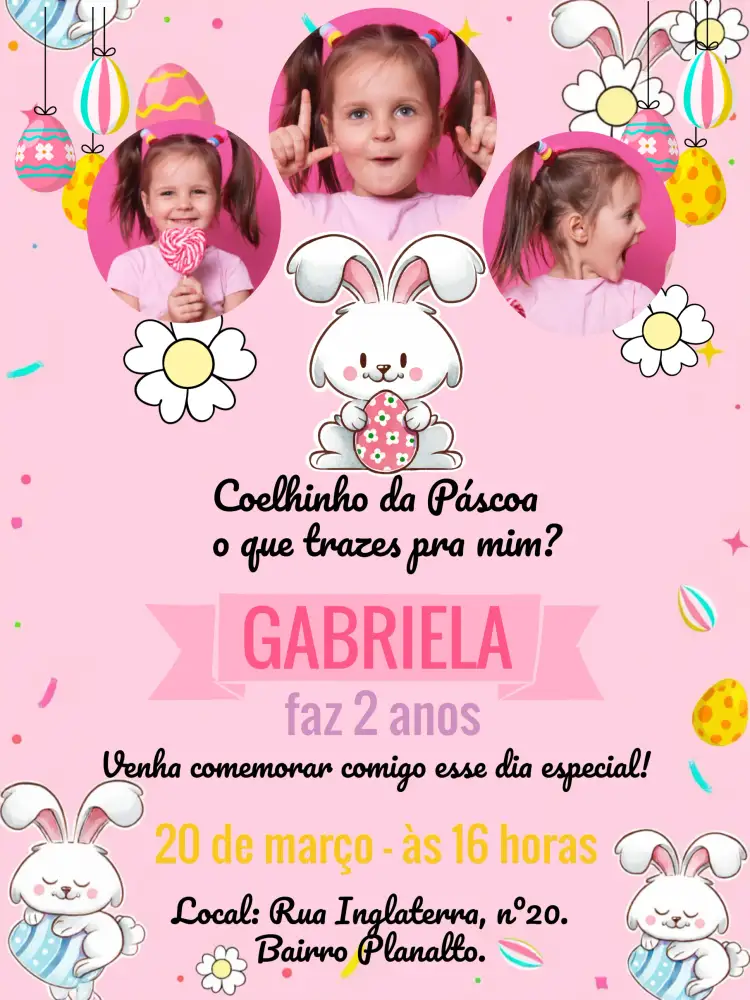 Convite Páscoa Com Fotos Coelhinho – tema Datas Comemorativas colorido, lúdico, infantil, divertido, moderno