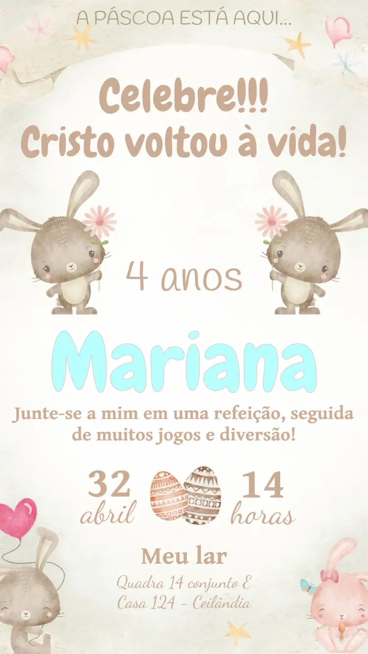 Convite Páscoa Jesus – tema Datas Comemorativas aquarela, delicado, coelho, colorido, festivo, infantil