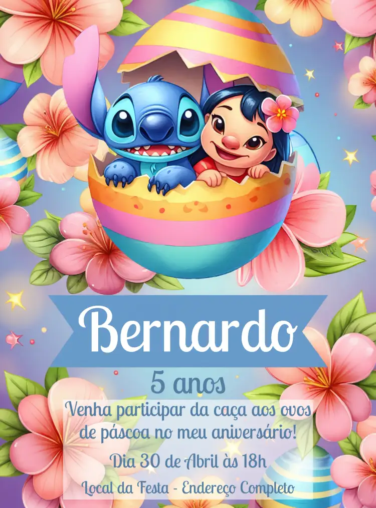 Convite Páscoa Lilo E Stitch Infantil – tema Datas Comemorativas colorido, divertido, temático, infantil, Disney