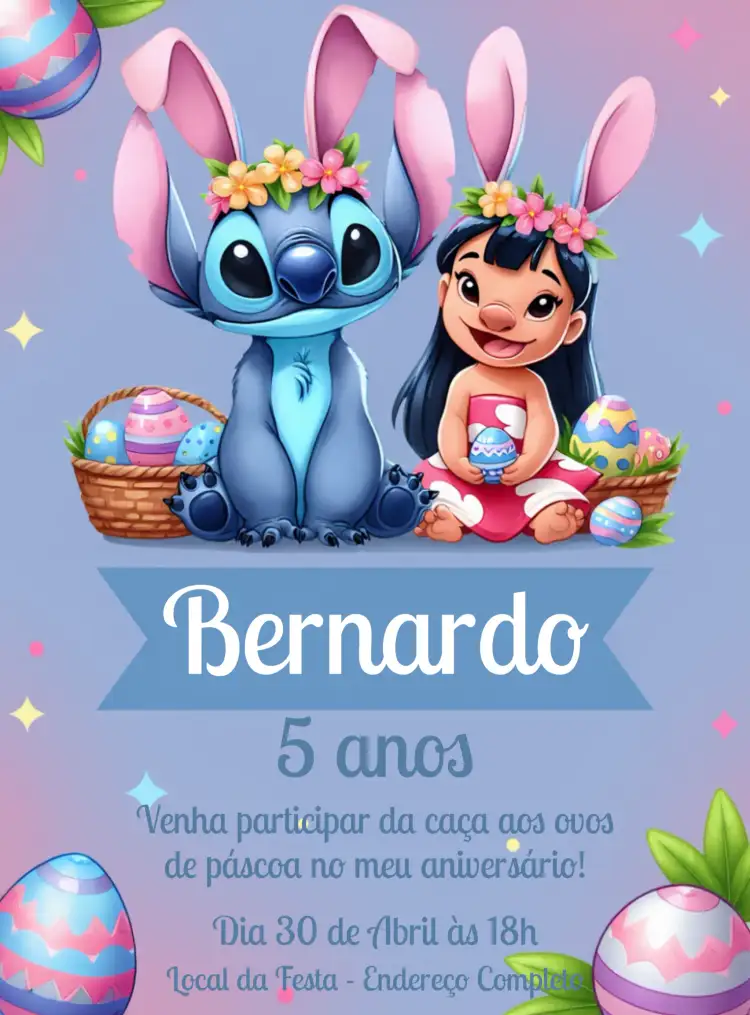 Convite Páscoa Lilo E Stitch Infantil – tema Datas Comemorativas colorido, divertido, Disney, infantil, temático