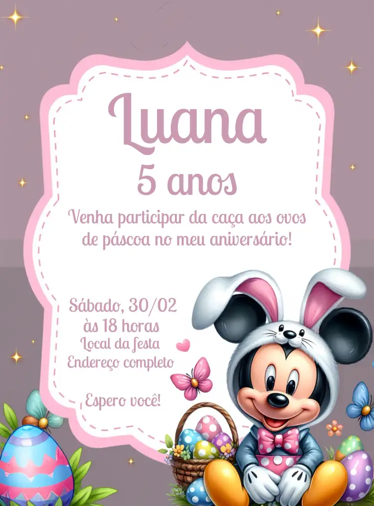 Convite Páscoa Mickey Disney – tema Datas Comemorativas colorido, divertido, temática Disney, rosa, festivo, infantil
