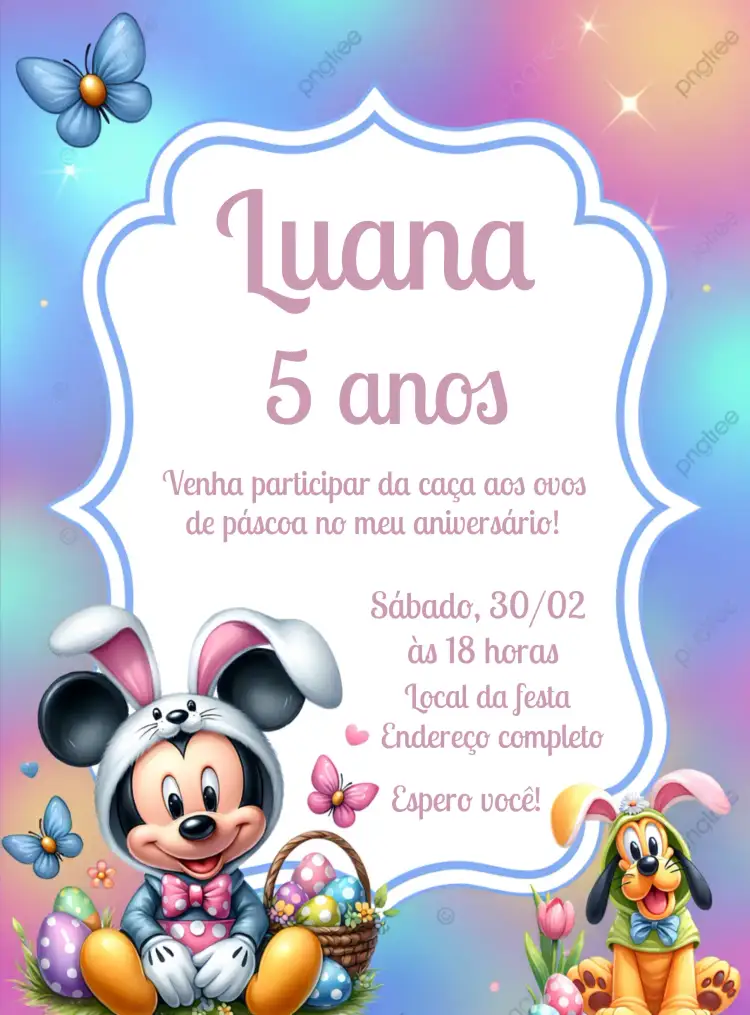 Convite Páscoa Mickey Mouse Infantil – tema Datas Comemorativas colorido, divertido, temático, infantil, Disney, páscoa