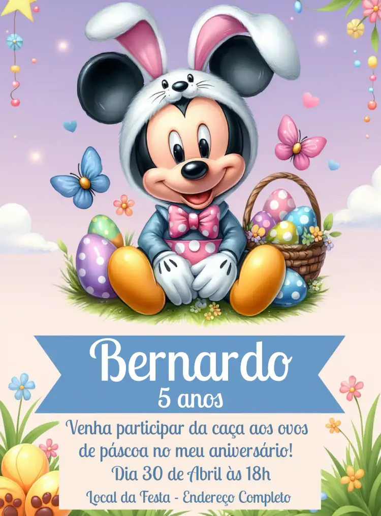 Convite Páscoa Mickey Mouse Pluto – tema Datas Comemorativas colorido, divertido, infantil, Disney, celebração alegre