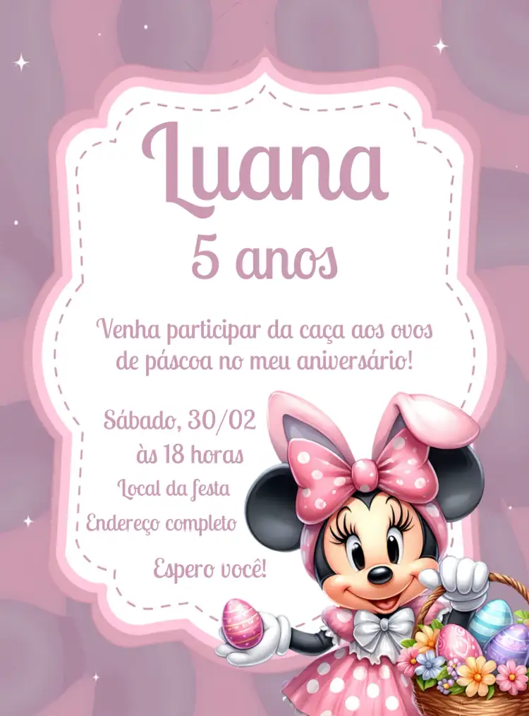 Convite Páscoa Minnie Mouse Disney – tema Datas Comemorativas rosa, infantil, disney, páscoa, colorido